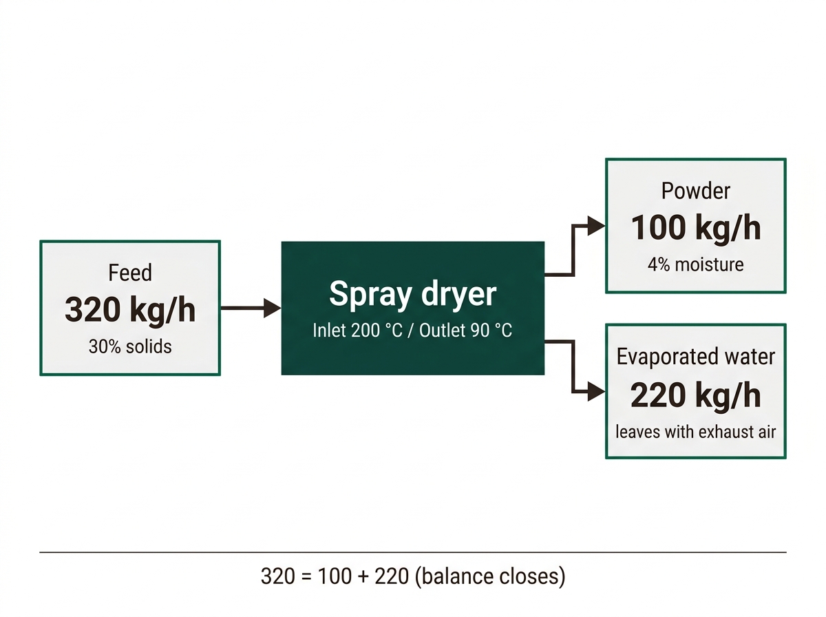 Sinothermo's tweet photo. "A 100 kg/h spray dryer" โ powder, feed or water?
Size it by evaporation capacity. 100 kg/h powder from 30% solids feed = 320 kg/h feed = 220 kg/h water to evaporate.
Worked example:
https://t.co/ZuzpmXBXIJ
#spraydrying #industrialdrying #equipmentsizing #powderprocessing https://t.co/7mdl0XaQjn
