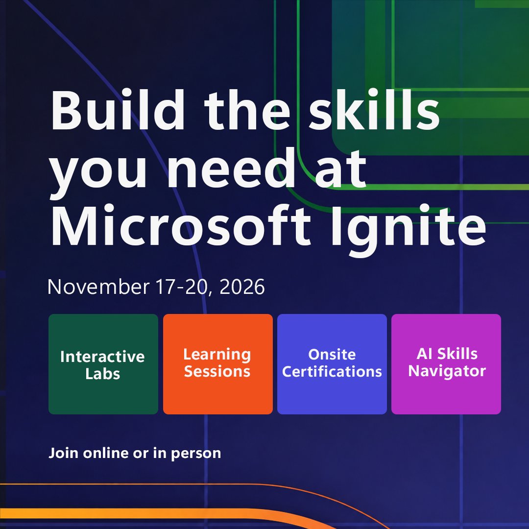 MicrosoftLearn's tweet photo. Microsoft Ignite is 4 weeks out.​
Join us in San Francisco or online for interactive labs and learning sessions, plus onsite certifications for in-person attendees.​

​Register and check out the session catalog here:​
https://t.co/hnCoFWHpqh https://t.co/fvYGcSYUHE
