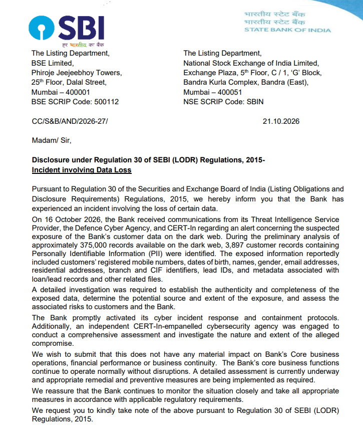 digitaldutta's tweet photo. SBI discloses they had a cyber security incident to SEBI. https://t.co/Vl0vQPdvG2