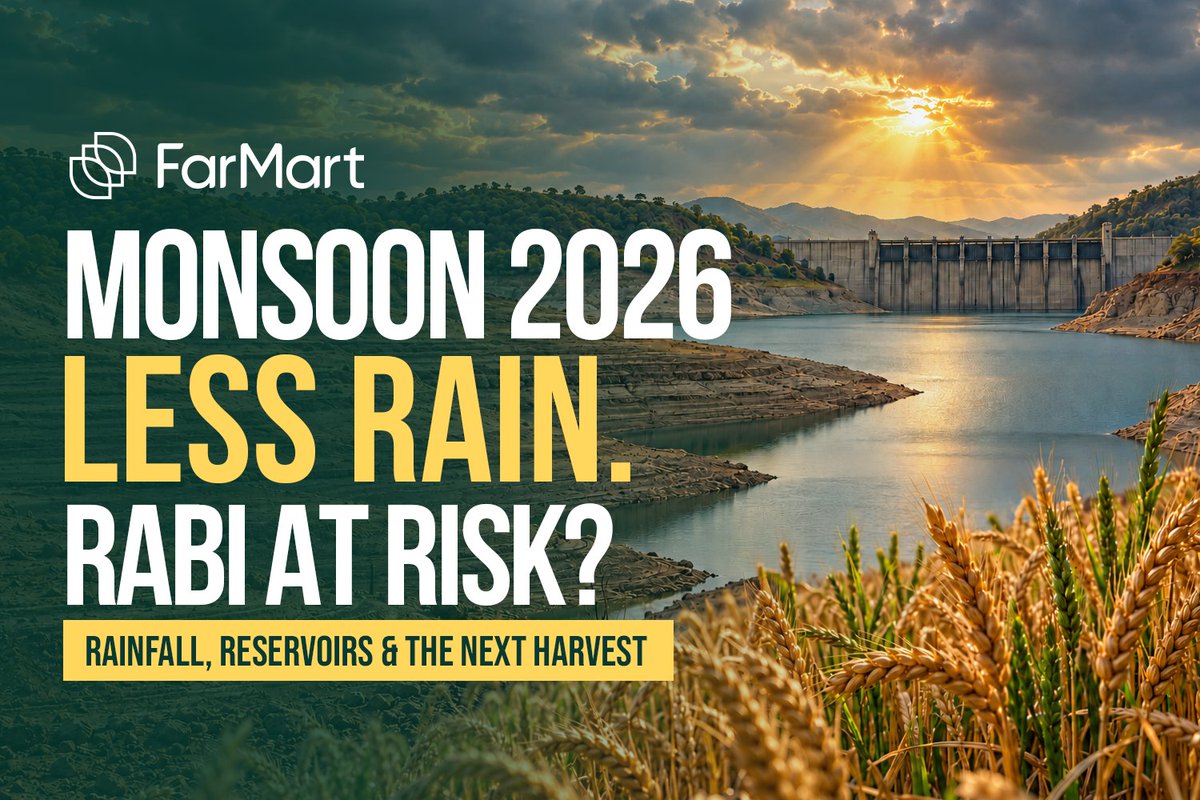 farMart_'s tweet photo. India’s 2026 monsoon brought 15% less rain than normal.
Southern reservoirs were just 47% full on 8 October, against the usual 77%.
What could this mean for winter crops? Read our latest report:
https://t.co/StHnYhPyAS https://t.co/aHvOvTJLEV
