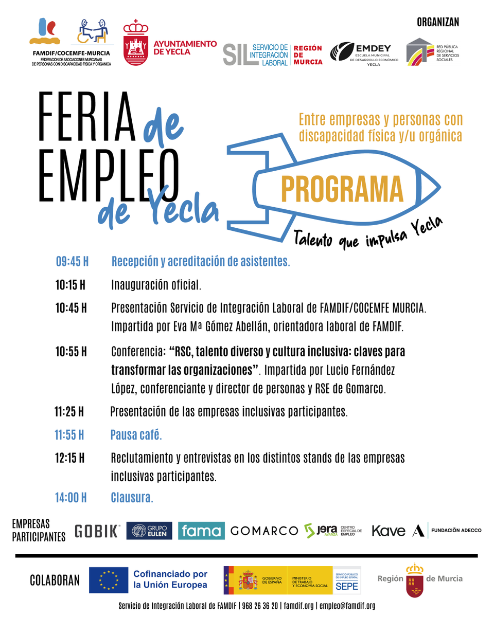FAMDIF's tweet photo. #EMPLEO | 📍​​🚀​ ¡Llega la I Feria de Empleo en Yecla entre empresas inclusivas y personas con discapacidad física y/u orgánica! Organizada por FAMDIF y el @AytoYecla , se celebrará el 5 de noviembre.

👉​ Inscripciones pinchando en el enlace: https://t.co/vurdUfydlx https://t.co/yP3GCUmFhZ