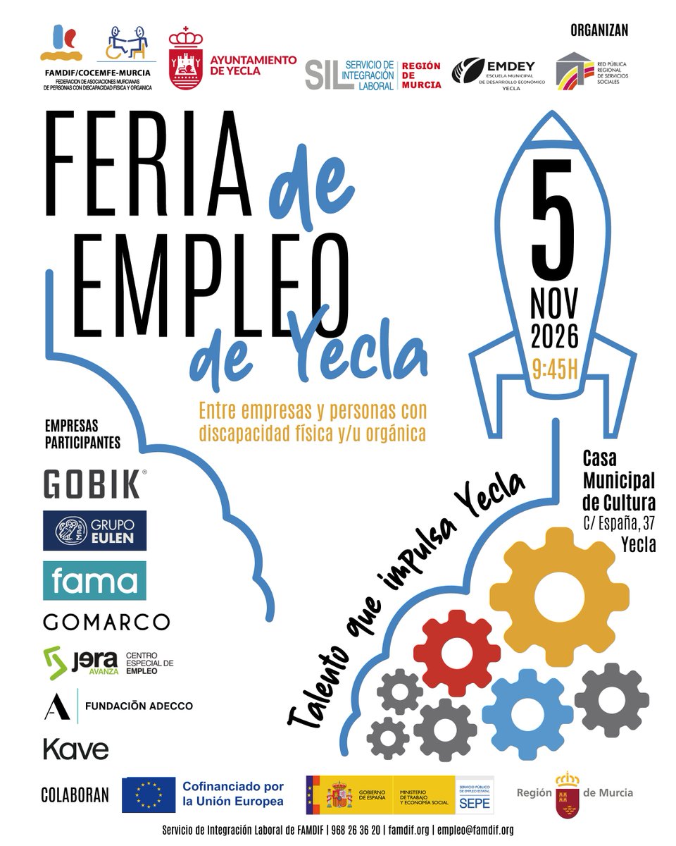 FAMDIF's tweet photo. #EMPLEO | 📍​​🚀​ ¡Llega la I Feria de Empleo en Yecla entre empresas inclusivas y personas con discapacidad física y/u orgánica! Organizada por FAMDIF y el @AytoYecla , se celebrará el 5 de noviembre.

👉​ Inscripciones pinchando en el enlace: https://t.co/vurdUfydlx https://t.co/yP3GCUmFhZ