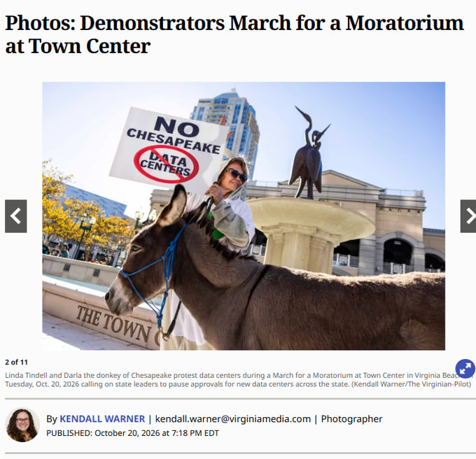 mindsharez's tweet photo. A DONKEY IS THE LEAD OF A FUCKING ANTI-AI PROTEST???

A huge protest is happening right now to STOP new data centers from being built 

A Donkey named DARLA is being used as one of the MAIN SYMBOLS of the protest due to data centers HURTING the NATURAL LAND 

I done some research and found that the non for profit supporting this protest is the Chesapeake Climate action network. 

$DARLA 

Sending them fees + PROOF OF CHARITY :  https://t.co/k0aFsBjzod

Proof of donkey name :
https://t.co/jeSM42WVBn