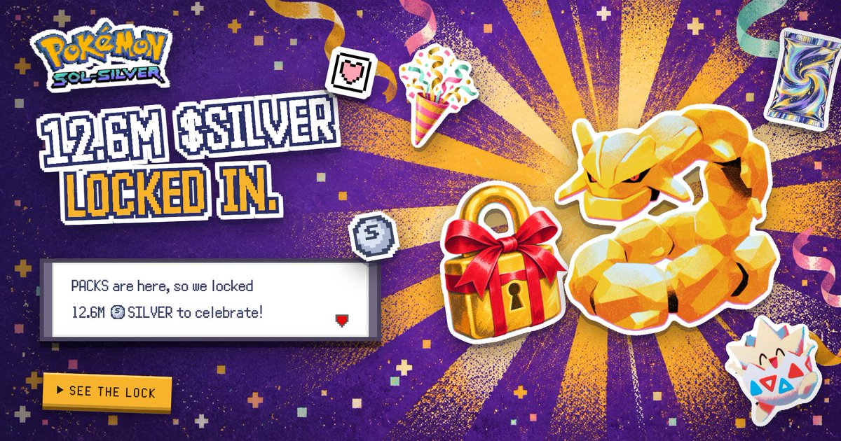 PokeSolSilver's tweet photo. To celebrate gacha packs, we've locked 12.6M $SILVER on Streamflow for more player rewards! 

Vested daily over the next 12 months and can't be cancelled or transferred.

https://t.co/m4T4mGoRdH https://t.co/D75e5zbVKv
