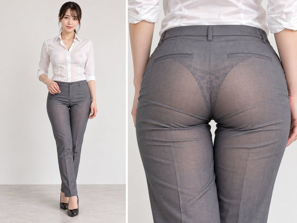 ai_lady_ready's tweet photo. GPTImage。プロンプト。
こんな特殊能力がほしい。

スーツパンツを着用した日本人女性の2面図。
左側：全身正面。
右側：腰から太ももの後姿。
VPL。レース。4:3。
ネガティブ：ジャケット https://t.co/7S6SKo4Ls4