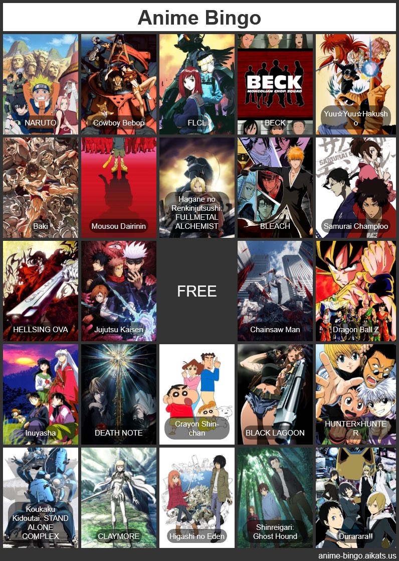 InvertedToaster's tweet photo. FAVORITE ANIME BINGO (not in any specific order, just based on which ones I thought of first)

-weird that the swimming anime didn’t come with an image tho https://t.co/Dwj9F3rgfx