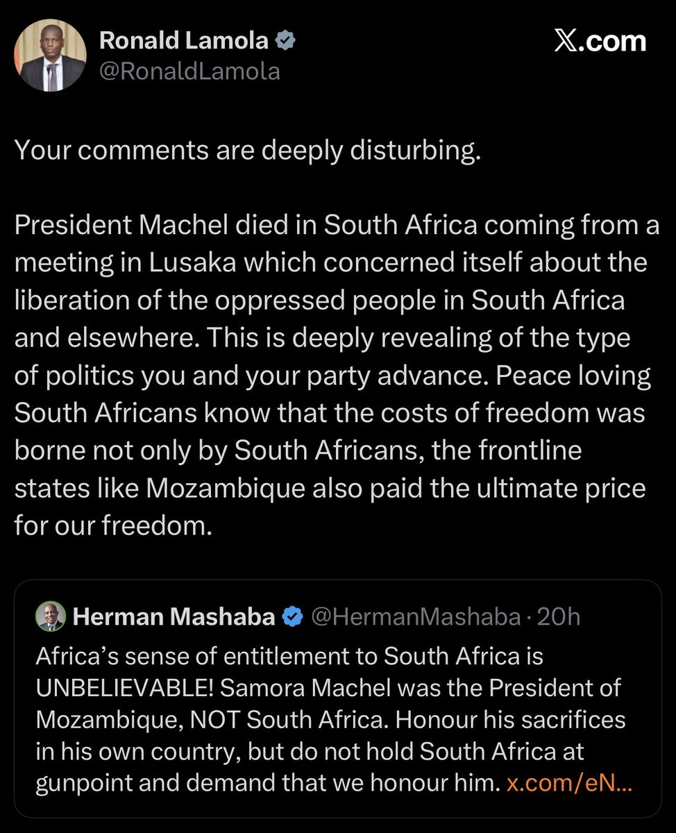 KoketsoResane's tweet photo. Again I say…

The problem with cadres is that they are fundamentally stupid. Everyone from the NEC down to the Youth League. This is why they are deeply disturbed by “simple truths”. 

Samora Machel has several streets named in his honour in South Africa, as well as a dedicated monument near Komatipoort, Mpumalanga, which is site of the plane crash that claimed his life - I have been there. Whatever Machel’s contribution to the liberation struggle in South Africa is does not mean we should turn a blind eye to ongoing illegal immigration and invasion by Mozambique nationals.

Mxim.