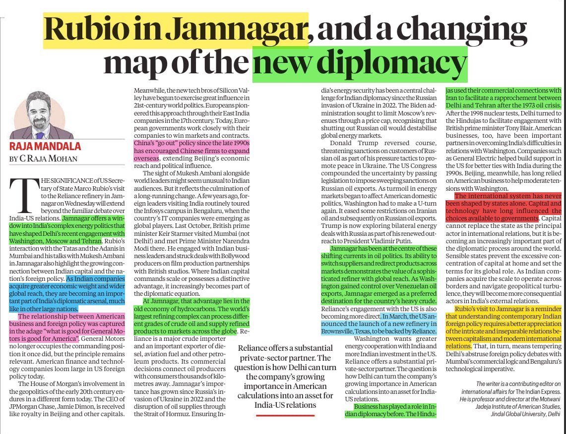 MarathonUpsc's tweet photo. 🌎📈 Reliance's Crude Oil Refining power is playing a crucial role in Indian's Foreign Policy, primarily in engagement with major powers such as USA.
📌 Capital and technology have a long influenced the choices available to governments.
#MarcoRubio #USA #IndiaUSRelations https://t.co/mRUxh5NQeV