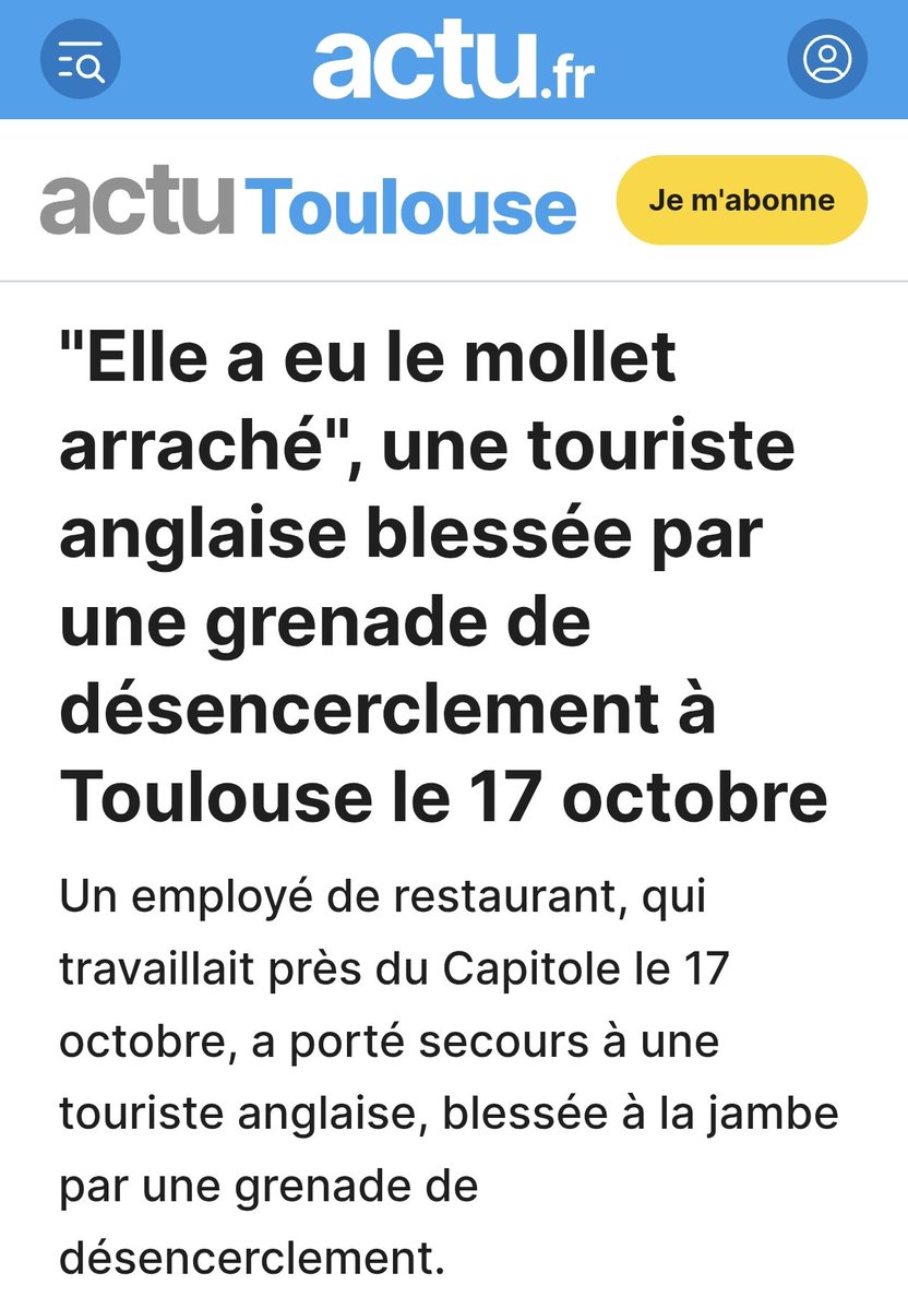 raphpradeau's tweet photo. Aux personnes qui pensent que les personnes mutilées par la police l'ont bien cherché : je vous invite à vous renseigner sur le cas de cette ado de 17 ans qui a perdu un oeil à Mulhouse et cette touriste retraitée anglaise blessée à Toulouse.

Stop aux armes mutilantes ! https://t.co/Y6AlHoqVxm