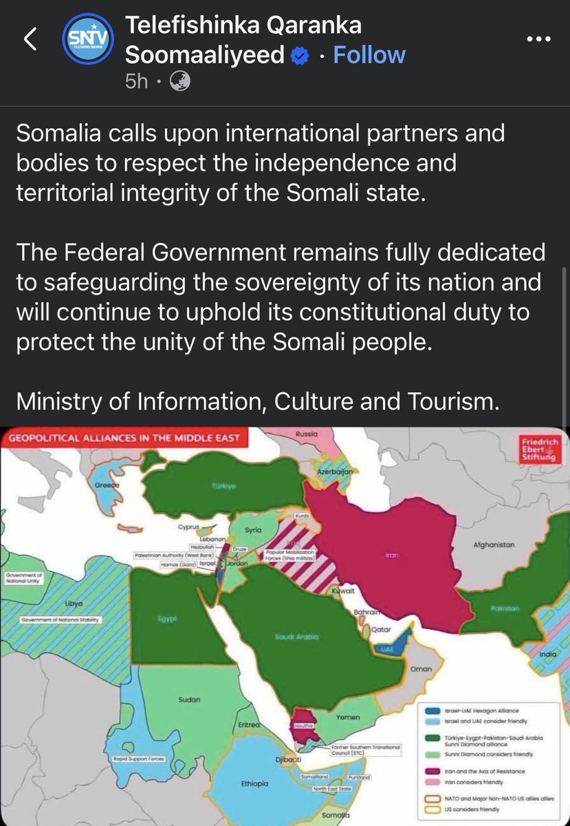 othmun1's tweet photo. In this map, #Turkey portrays its partnerships and strategic interests across numerous African countries. However, the reality on the ground may differ considerably from the picture the map presents. 

Turkey’s economic, industrial, technological, and diplomatic capabilities weaknesses undermines the breadth of influence it claims across the continent.

Nevertheless, a country is entitled to develop maps reflecting its strategic outlook, foreign policy priorities, and security assessments. Producing such a map is not, in itself, an act of aggression or a legitimate basis for categorical condemnation by another state.

The same principle applies to #Israel. If Israel publishes a map for its own strategic purposes, identifying countries or regions it considers potential security risks alongside areas it regards as relatively stable, that does not automatically constitute a violation of another country’s sovereignty or an act of hostility.

#Somalia itself presents a complex security landscape. Some regions enjoy relative peace and development, such as #Puntland and Somaliland, while others (South Central Somalia) continue to face insecurity, instability, and stagnation. 

These differences are part of the country’s political and security reality. If a foreign country reflects them in its own security assessments or strategic mapping, the Somali government cannot simply shift the blame onto that country for presenting an unfavourable picture.

The fundamental question is not why a foreign country assesses Somalia’s security situation in a particular way, but why Somalia’s own leadership has failed to establish consistent security, stability, and effective governance across the country. 

@HassanSMohamud 
@HamzaAbdiBarre 
@TC_MogadisuBE 
@IsraelinKenya 

Othman