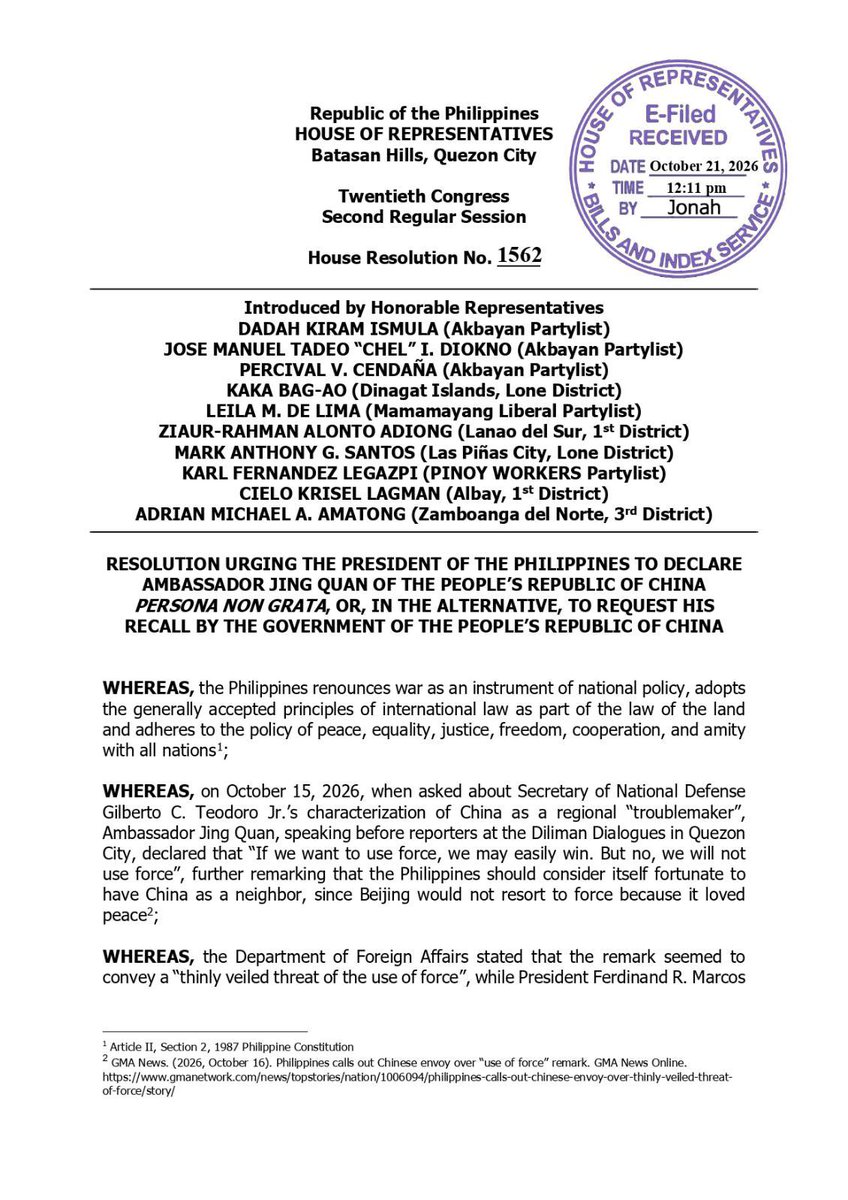 AkbayanParty's tweet photo. FROM 9 PATRIOTIC HOUSE LAWMAKERS, WE ARE NOW 10!

Kahapon, naglabas ng pahayag ang 9 House lawmakers laban sa pagbabanta ng Chinese ambassador sa sarili nating bansa. China put the lawmakers on a “list” in an attempt to intimidate them. 

But it had the opposite effect. 

Ngayon, 10 House members ang naghain ng resolusyon na nagdedeklarang persona non grata ang Chinese ambassador. From 9 patriotic House lawmakers, we are now 10.

Jing Quan, your tactics of intimidation and harassment are not working. Instead of silencing us, they only inspire more of us to rise, unite, and stand firm in defending our country’s sovereignty and territorial integrity.

Sa ngalan ng ating mga mangingisda, tayo ay patuloy na lalaban!