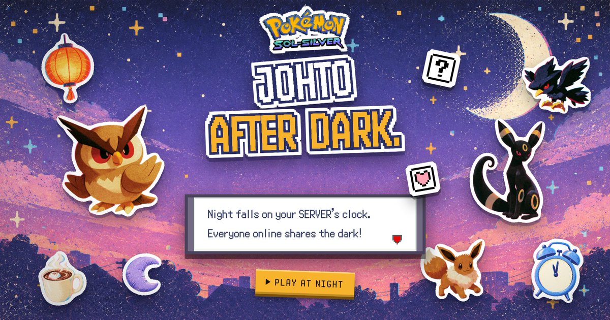PokeSolSilver's tweet photo. Johto after dark. 🌙

Night falls on your server's clock, not your device's, so everyone online sees the sun go down together. That's when Noctowl comes out, and when a happy Eevee evolves into Umbreon. https://t.co/QXucGtbuE0