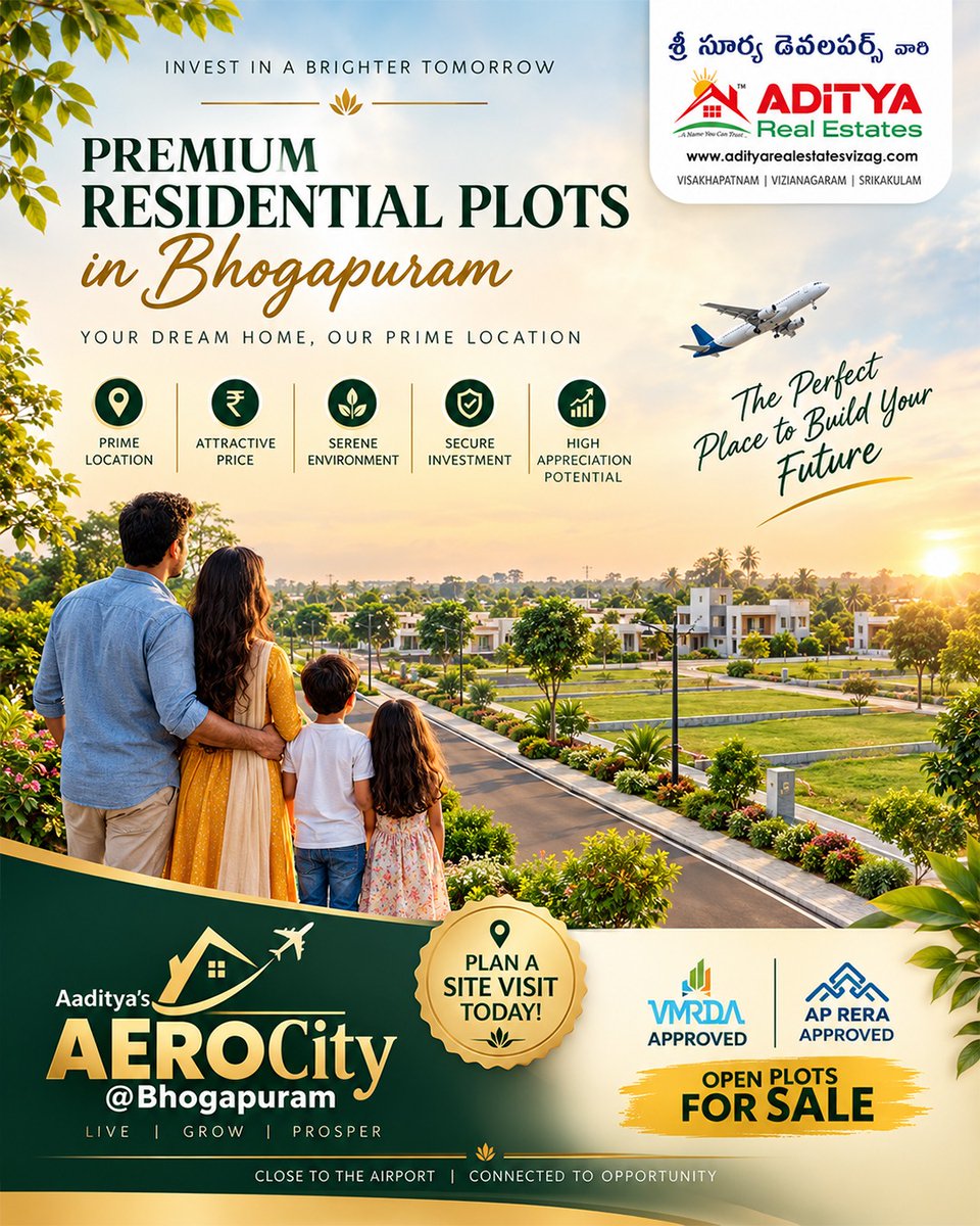 AdityReal's tweet photo. ✈️ Premium residential plots in Bhogapuram, close to the airport and connected to opportunity! VMRDA &amp; AP RERA approved. Plan your site visit today 🏡
🌐 https://t.co/PBAGBBpZEN

#AadityasAeroCity #BhogapuramPlots #VizagRealEstate https://t.co/flbh12rOJO