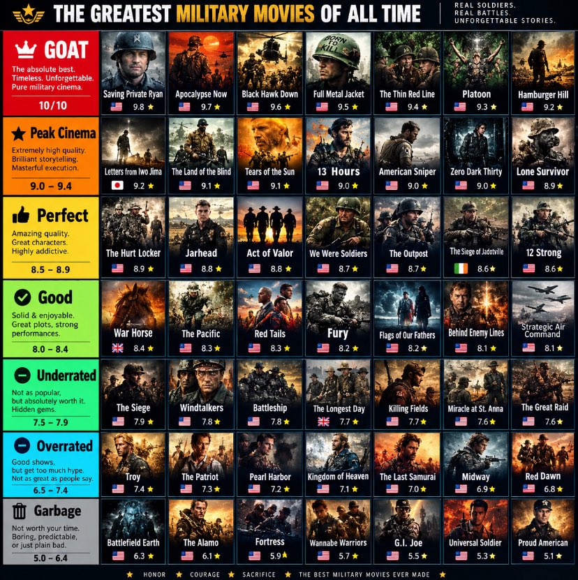 PopcornScene_'s tweet photo. My Ranking of the Best Military Movies of All Time 🔥🍿🎖️ https://t.co/3zMVXl9FAD