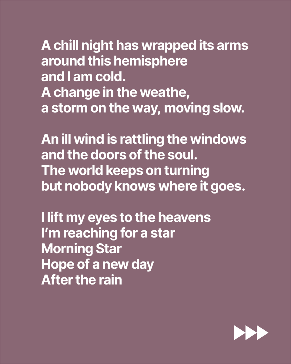 MakeWayMusic's tweet photo. A chill night has wrapped its arms
Around this hemisphere
And I am cold
A change in the weather
A storm on the way
Moving slow

Song resources for Star of Morning on Graham's website.

#StarOfMorning #MorningStar #GrahamKendrick #SalvationSongs https://t.co/Tu7aanWBUK