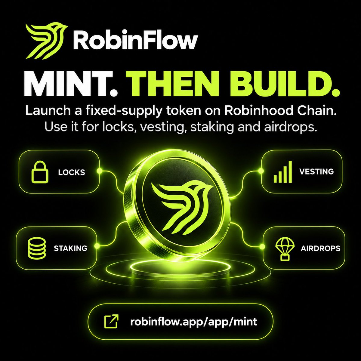 RobinFlow_App's tweet photo. Launch your token. Then put it to work.

From there, set up token locks, vesting schedules, staking pools and airdrops.

One token. More ways to build.
https://t.co/F4I2HDTt4K https://t.co/sTWMmM69YU