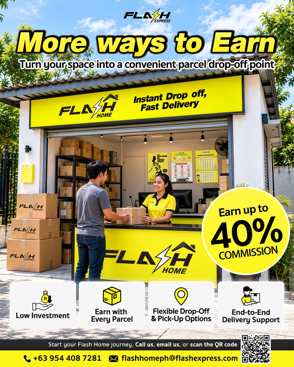 FlashExpressPH's tweet photo. Ready to start your own business, Ka-Flash? 💛📦

Take the first step with Flash Home! Become a Flash Home partner and earn up to 40% commission while building your business with Flash Express.

Learn more about becoming a Flash Home partner:
https://t.co/BeoVtDtgRD https://t.co/KgAiG74lTj