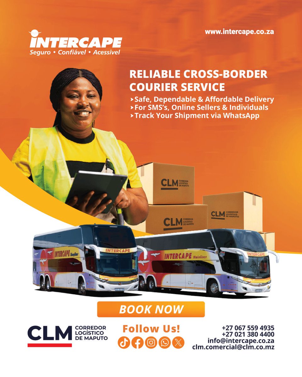 IntercapeBus's tweet photo. Reliable Cross-Border Courier Service Between Mozambique and South Africa!
Serviço De Entregas Internacionais Confiável entre Moçambique e África do Sul!
Corredor Logístico De Maputo | +27 067 559 4935 | clm.comercial@clm.co.mz
Intercape | +27 021 380 4400 | info@intercape.co.za https://t.co/EdrBAifxlJ