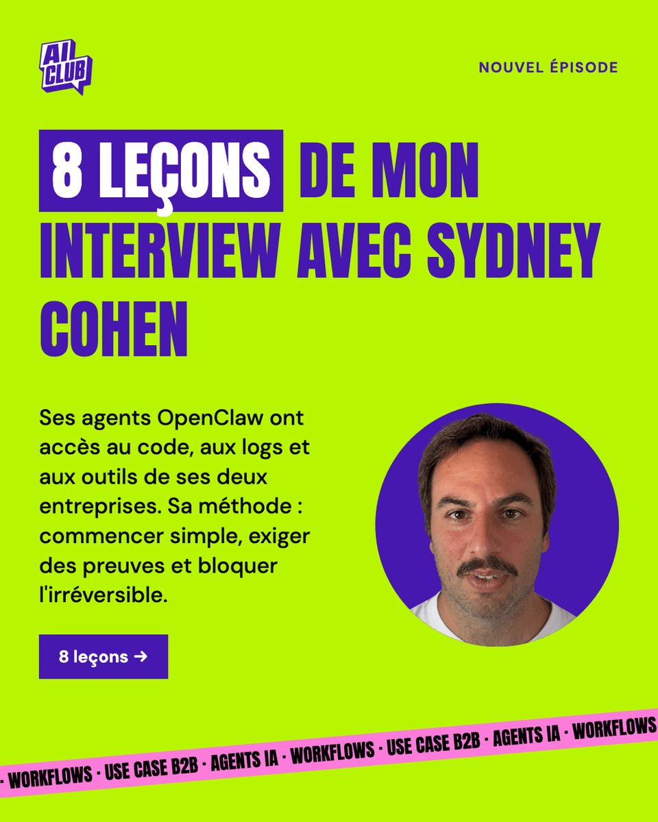 EricSeclet's tweet photo. Ce que je retiens de mon échange avec Sydney Cohen sur ses agents OpenClaw branchés à toute son entreprise, en 8 leçons ↓ https://t.co/qFOWgnJw7f