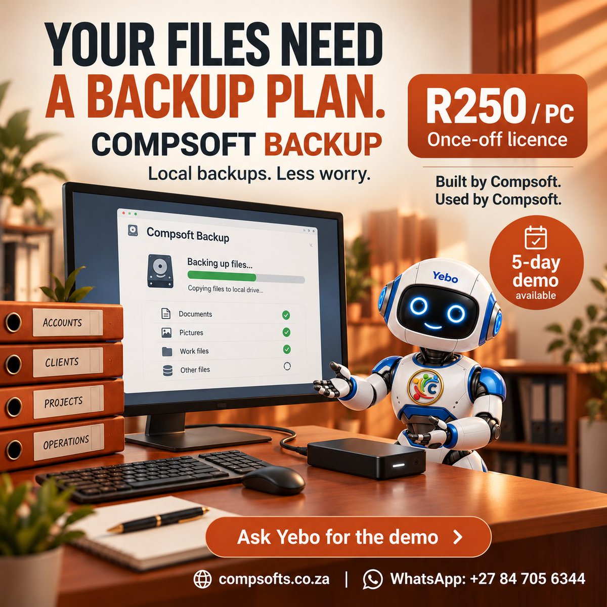 compsoftts's tweet photo. Your files work hard. Give them backup. 💾😉

R250 per PC. Once-off.
Built by Compsoft. Used by Compsoft.
Ask Yebo for the 5-day demo!

#DataBackup #DigitalTools #SmallBusiness #BusinessContinuity #SouthAfrica https://t.co/6QWoOBcuaf