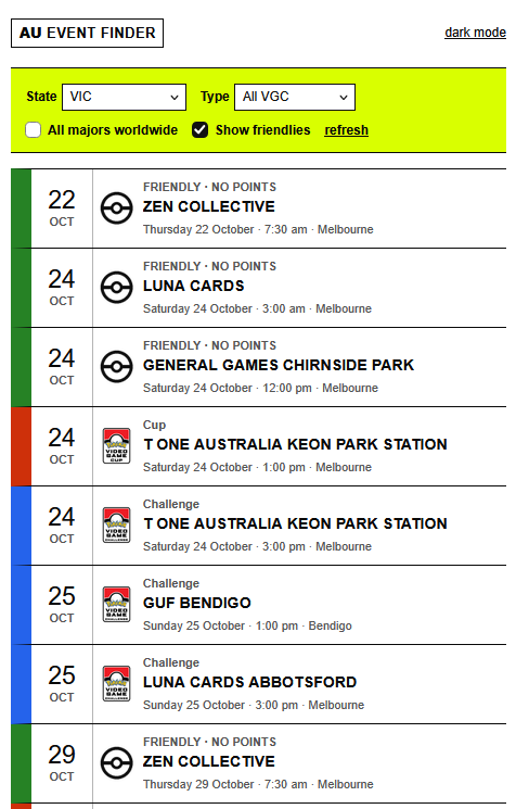 andybrphy's tweet photo. The official one is really bad, so I made a simple event locator for all VGC events relevant to Oceania. 

Optimised for mobile, has a dark mode, can filter by state, event type, etc.

👉 https://t.co/VvFMv2c97y https://t.co/N5navzkrnb