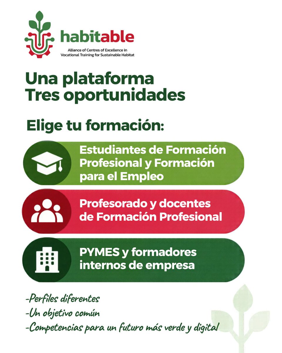 FCesefor's tweet photo. 🌱 Una plataforma, tres oportunidades.

HABITABLE Skills Hub ofrece MOOC gratuitos para estudiantes de FP, docentes y pymes.

Competencias verdes y digitales con certificación de microcredenciales.

¡Inscríbete ya!

👉 https://t.co/Z6qr05Zrm0 https://t.co/SNqsX5u7W2