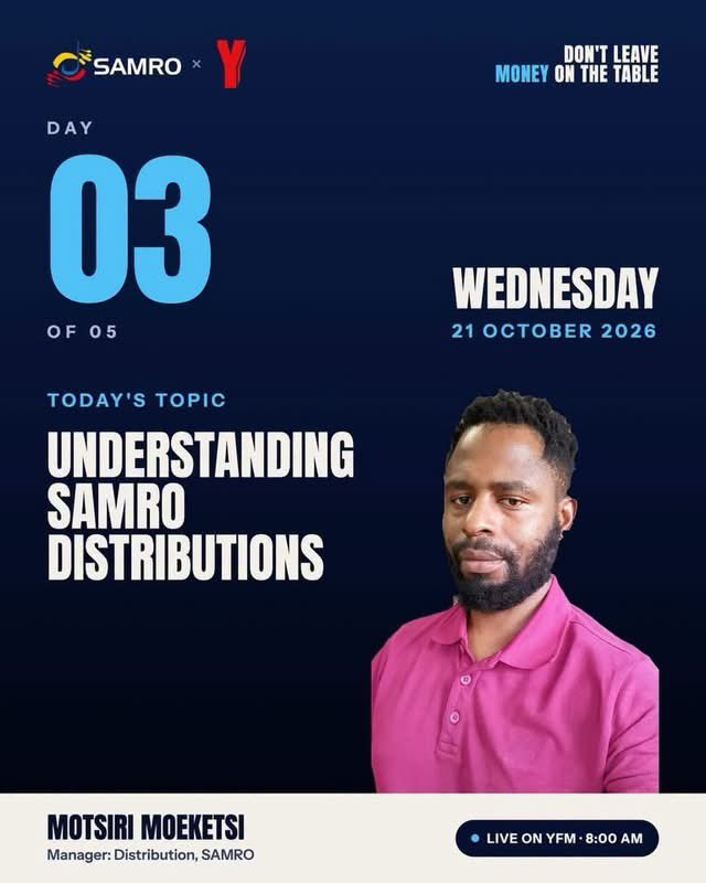 SAMROMusic's tweet photo. Your music has been played, the licence fees have been collected. So how does that money actually reach you?

It’s Day 3 of Don’t Leave Money on the Table, SAMRO’s five-day campaign with Y helping music creators understand their royalties and get paid for their work.

Today, Motsiri Moeketsi, SAMRO Distribution Manager, joins The Way Up to explain how royalty distribution works: how plays are tracked and matched to your works, when payouts happen, and what you can do to make sure nothing slips through the cracks.

Tune in to The Way Up on YFM at 8:00 AM!