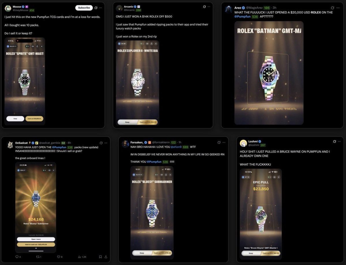 craigscoinpurse's tweet photo. This is either absoutely amazing luck or sketchy as fark.

11 out of the 20 watches won went to Pump fun kols.

Which one is it? https://t.co/tXgs9fbKvc