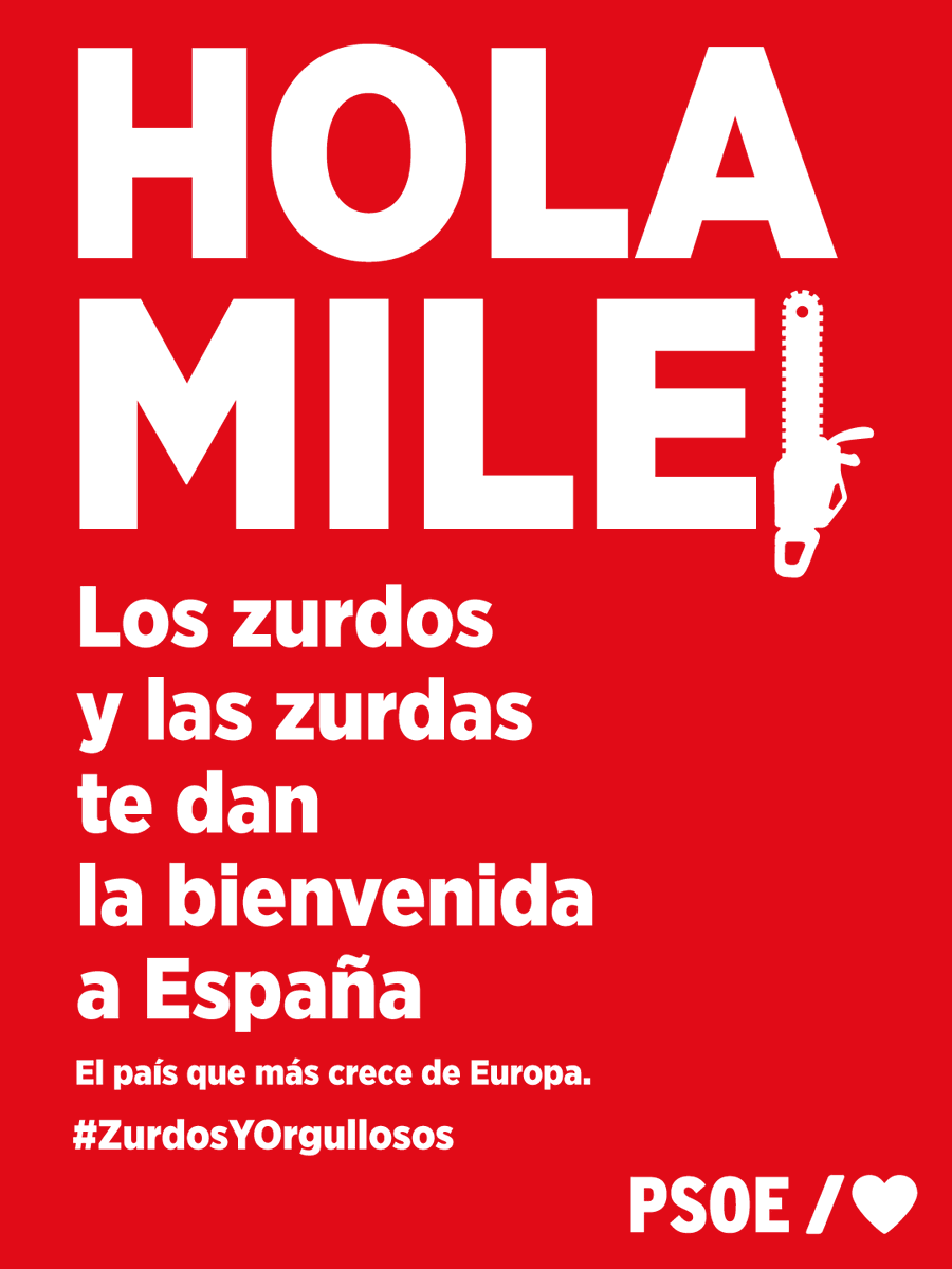 PSOE's tweet photo. 👋🏻Milei

Las #ZurdasYOrgullosas y los #ZurdosYOrgullosos te damos la bienvenida al país que más crece de Europa. https://t.co/EqgM6OBC1D