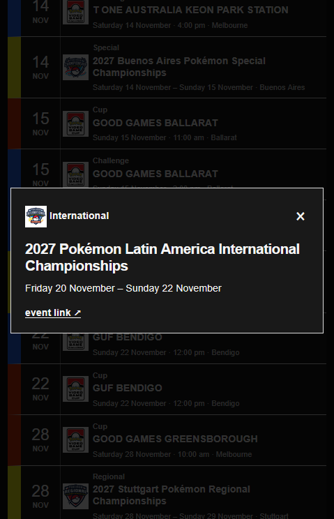 andybrphy's tweet photo. The official one is really bad, so I made a simple event locator for all VGC events relevant to Oceania. 

Optimised for mobile, has a dark mode, can filter by state, event type, etc.

👉 https://t.co/VvFMv2c97y https://t.co/N5navzkrnb
