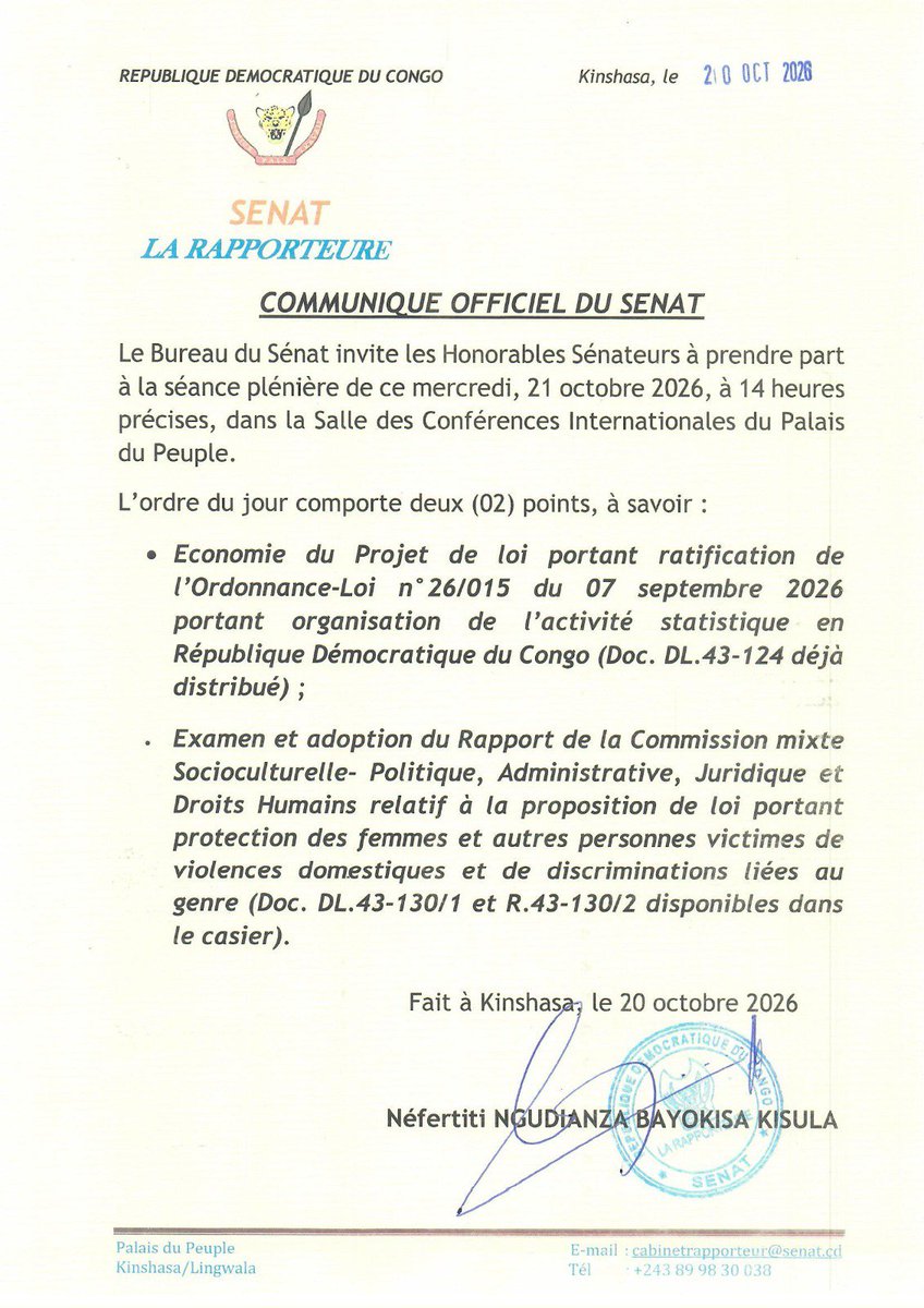 senatrdc's tweet photo. *En plénière ce mercredi 21 octobre dans l'après-midi, le Sénat examine le Rapport de la commission mixte PAJ-Socioculturelle* , sur la proposition de loi portant  protection des femmes et autres personnes victimes de violences domestiques et de discriminations basées sur le genre en RD Congo.
Selon le communiqué officiel signé par la Rapporteure de la Chambre haute, Mme Néfertiti NGUDIANZA, il sera également question, au cours de ladite plénière, de suivre la présentation de l'économie générale du projet de loi portant ratification de l'Ordonnance-loi n° 26/015 du 07 septembre 2026 portant organisation de l'activité statistique en RD Congo. *DICOM*