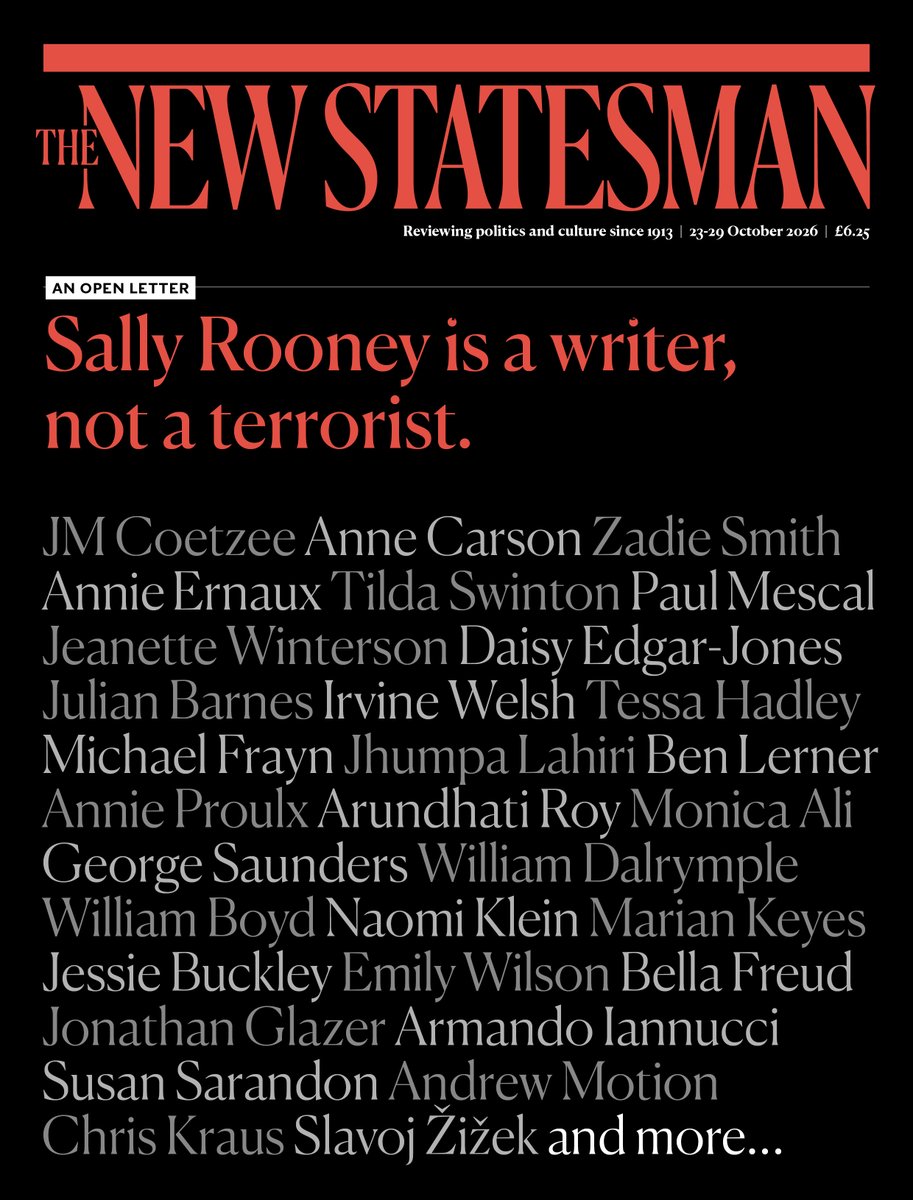 NewStatesman's tweet photo. OPEN LETTER: Sally Rooney is a writer, not a terrorist. Her books must be available to the public. Their withdrawal from sale, on the basis of ill-conceived and draconian anti terror legislation, is an affront to basic principles of free speech and expression so long taken for granted in this country. We categorically reject censorship - whether direct or indirect - and urge the government to change course, amending the legislation which has led us to this point of repressive absurdity.