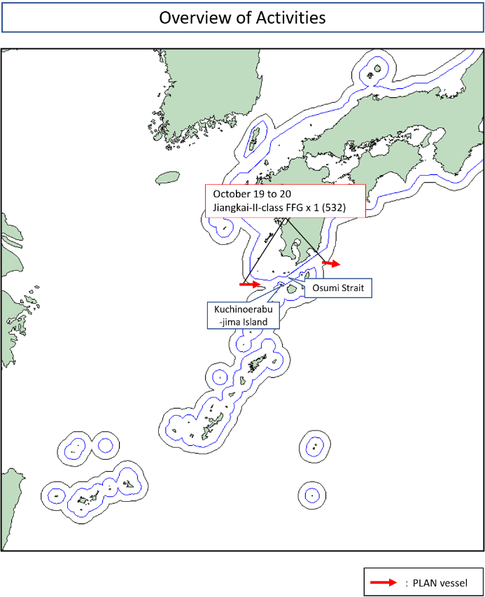 JapanJointStaff's tweet photo. The activity of a Chinese Navy vessel in the waters surrounding Japan.
- At around 4:00 p.m., Monday, October 19, 2026, JMSDF spotted PLAN Jiangkai-II-class FFG x 1 (hull number 532) sailing eastward in the waters approximately 100 km west of Kuchinoerabu-jima Island. https://t.co/qICH3f3b20