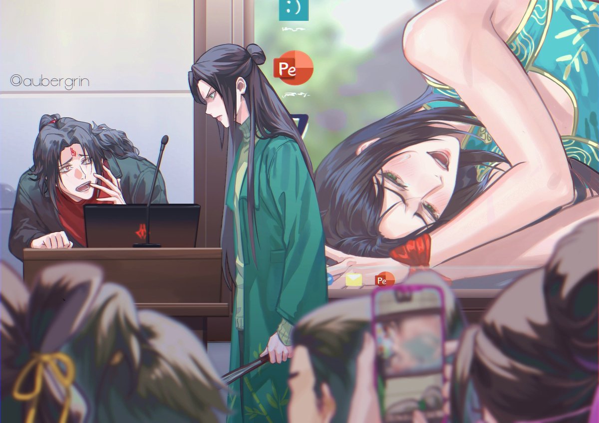 woyaubergrin's tweet photo. College AU (?) 
Luo Binghe, a prodigy college student is about to give presentation, but he is forget to change his laptop wallpaper #SVSSS #LuoBinghe #BingQiu #ShenQingqiu https://t.co/VNnimj2uk8
