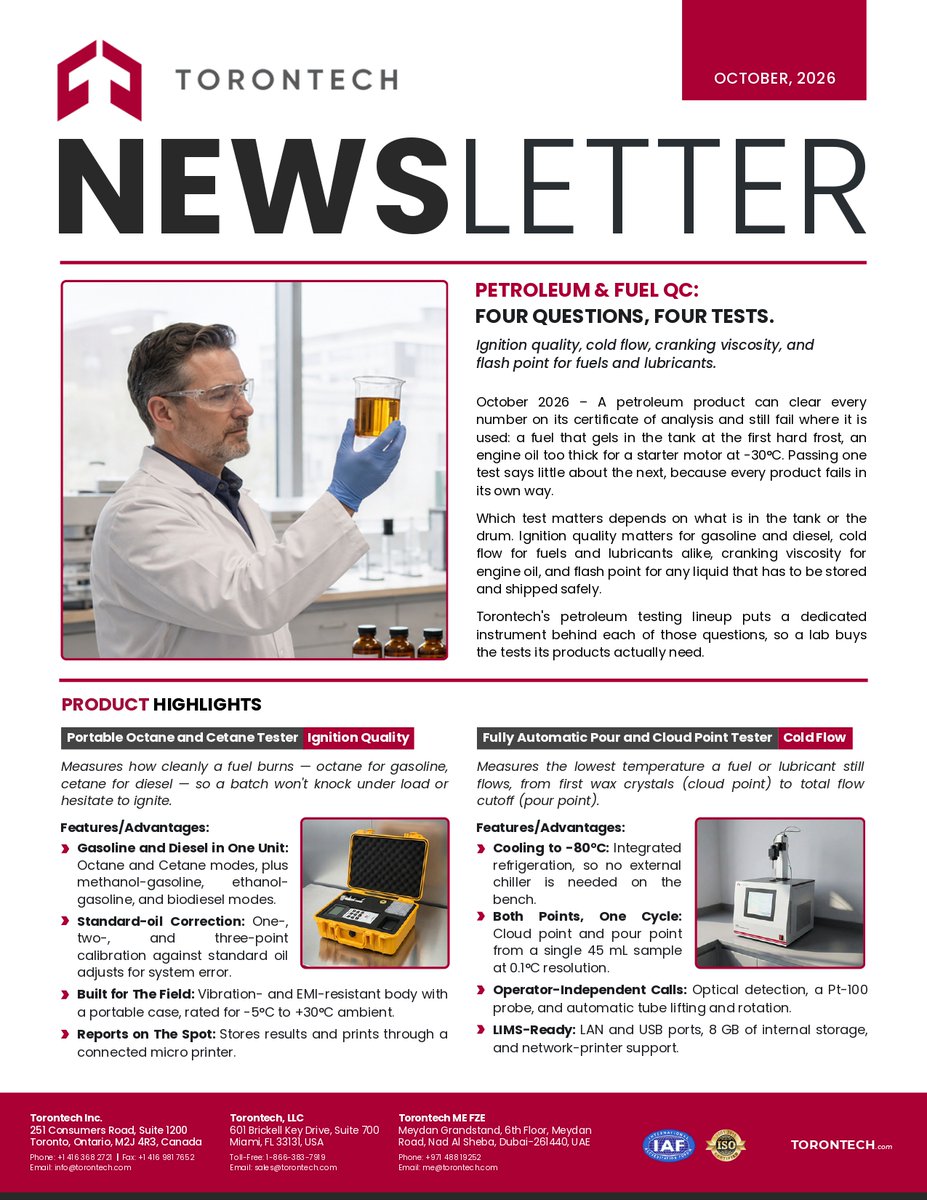 Torontech's tweet photo. October Newsletter: Petroleum &amp; Fuel QC Testing

Discover 4 essential tests for fuel performance, cold-weather reliability, engine oil viscosity, and flash point, featuring ASTM and ISO standards.

👉Subscribe for industry insights: https://t.co/bOqq2Eryo0

#Torontech #OilAndGas https://t.co/aRsjDaVTQh