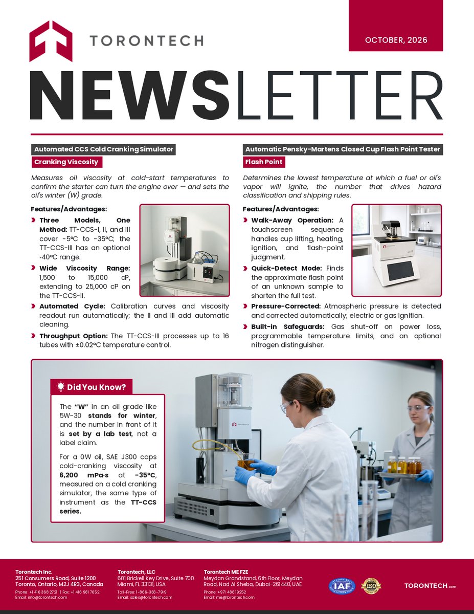 Torontech's tweet photo. October Newsletter: Petroleum &amp; Fuel QC Testing

Discover 4 essential tests for fuel performance, cold-weather reliability, engine oil viscosity, and flash point, featuring ASTM and ISO standards.

👉Subscribe for industry insights: https://t.co/bOqq2Eryo0

#Torontech #OilAndGas https://t.co/aRsjDaVTQh