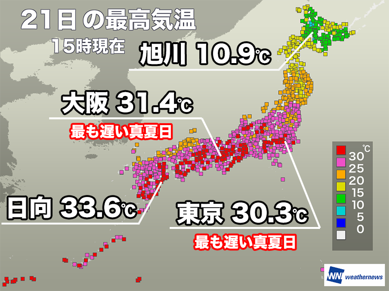 wni_jp's tweet photo. ＜10月下旬としては記録的暑さに＞
今日21日(水)は西日本、東日本の太平洋側で季節外れの暑さになり、東京都心や大阪市、名古屋市は観測史上最も遅い真夏日の記録を更新しました。
明日22日(木)は寒気が流れ込むため、大幅に気温が低下する見込みです。
https://t.co/NFzUSKk9qd https://t.co/D5afvUx1tX