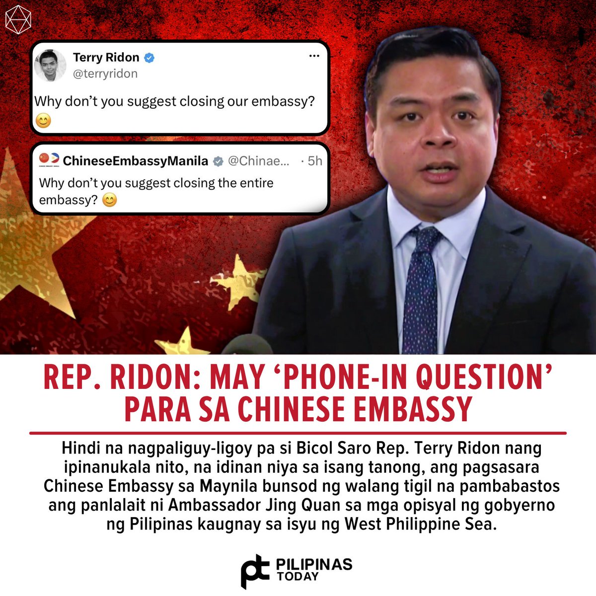 PilipinasToday_'s tweet photo. Ipinost ni Ridon ang kanyang katanungan sa X isang araw matapos maghain ang ilang senador ng resolusyon na humihiling na ideklara si Ambassador Jing bilang “persona non grata” o pabalikin na ito sa China.
#TerryRidon
#jingquan
#westphilippinesea
#PilipinasToday https://t.co/LlbWWA6Oig