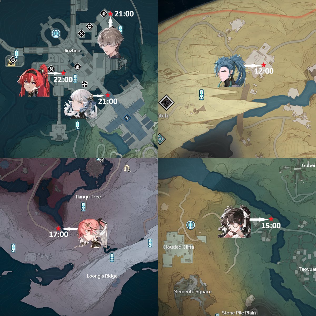 Scyrptor's tweet photo. These are permanent overworld locations of all Jinzhou characters post 3.7 quest

#WutheringWaves #WuWa https://t.co/EXnKZTISWx