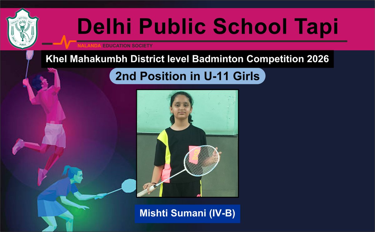 DPSTapi's tweet photo. 🏸🏆 DPS Tapi celebrates Mishti Sumani (IV-B), 2nd, and Aaditya Singh (V-B), 3rd, in the U-11 Category at the Khel Mahakumbh District-Level Badminton Competition. Both qualify for the State Level!

#DPSTapi #KhelMahakumbh #Badminton https://t.co/emqKRn7qzr