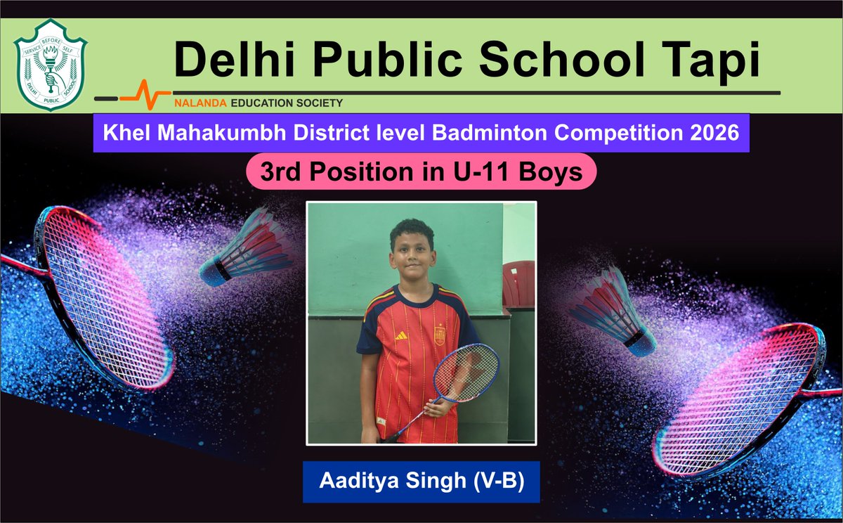 DPSTapi's tweet photo. 🏸🏆 DPS Tapi celebrates Mishti Sumani (IV-B), 2nd, and Aaditya Singh (V-B), 3rd, in the U-11 Category at the Khel Mahakumbh District-Level Badminton Competition. Both qualify for the State Level!

#DPSTapi #KhelMahakumbh #Badminton https://t.co/emqKRn7qzr