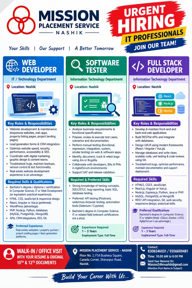 MissionNashik's tweet photo. Looking for your next career opportunity in IT? 🚀 Here’s your chance to join a growing team!
#NashikJobs #ITJobs #WebDeveloperJobs #SoftwareTesterJobs #FullStackDeveloper #HiringNow #NashikRecruitment #JobVacancy #ITCareers #FreshersJobs #ExperiencedCandidates #MaharashtraJobs https://t.co/eZEBQ5A2C7