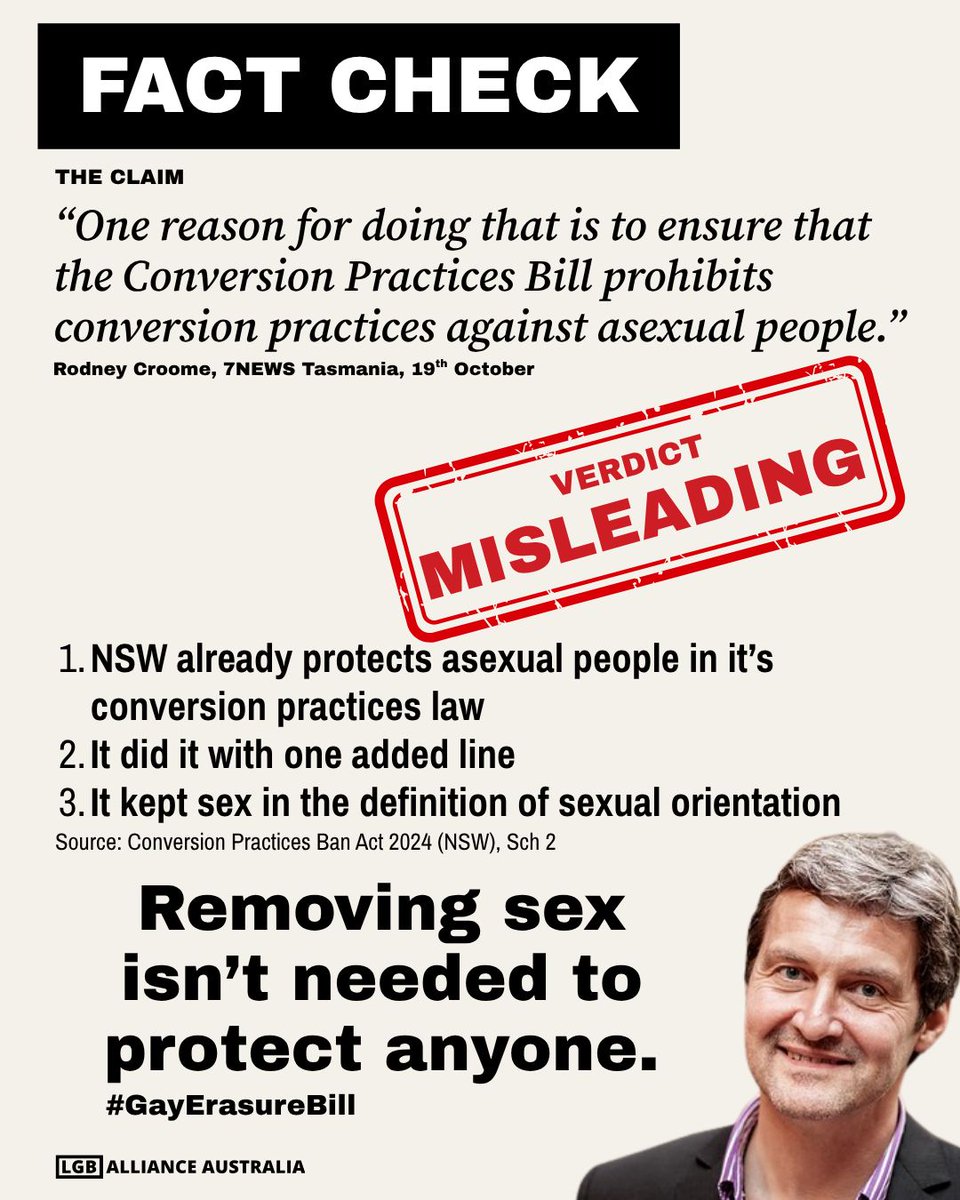 lgballiance_aus's tweet photo. FACT CHECK: Tasmania’s conversion practices bill.

The bill’s backers say the definition of sexual orientation needs to change to protect asexual people.
https://t.co/tD9WE2f98f https://t.co/1h5Eti9Bpu