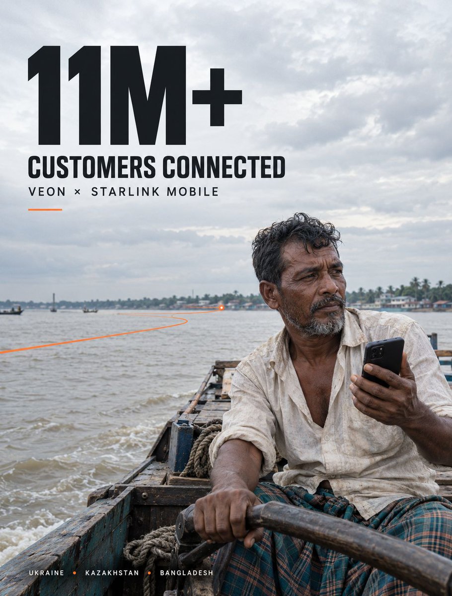 Alertify3's tweet photo. 11 million people. Three countries. One important shift in mobile connectivity.

VEON says 11 million customers across Ukraine, Kazakhstan and Bangladesh have connected to Starlink Mobile at least once.

https://t.co/nxcO1z3NgC https://t.co/rBo6nsi8BD