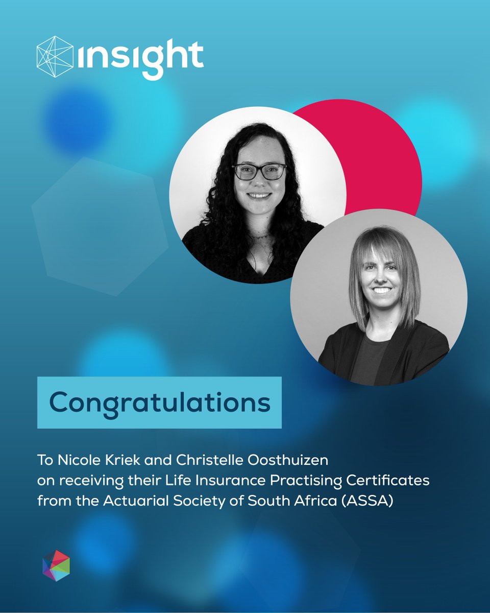 Insight_SA's tweet photo. A Milestone Worth Celebrating! 🥳

We’re proud to share that two more of our actuaries have been awarded their Life Insurance Practising Certificates from the @ActuarialSa, further strengthening Insight Life Solutions’ capacity to support life insurers through Head of Actuarial Function services and independent actuarial oversight.

Congratulations to Nicole Kriek and Christelle Oosthuizen! 👏 A well-earned achievement that reflects your dedication, expertise and continued growth within the actuarial profession.

Well done to you both!

#InsightWithImpact