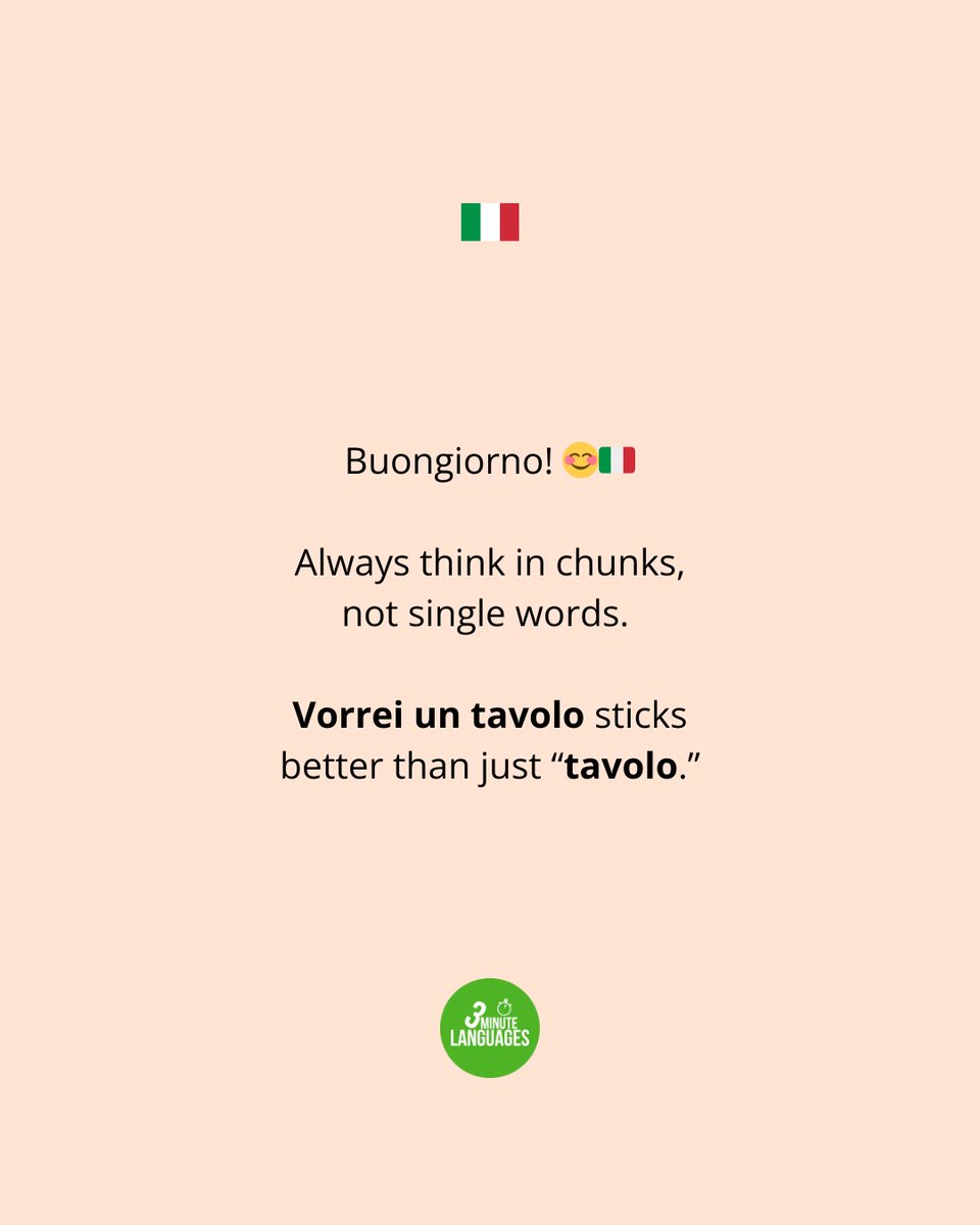 3MLanguages's tweet photo. Buongiorno! 😊🇮🇹

Always think in chunks, not single words. 

Vorrei un tavolo sticks better than just “table.” https://t.co/axXW08c4DW