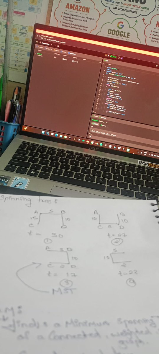 sushhhhh29's tweet photo. Learning a new concept: Minimum Spanning Tree using Prim’s Algorithm! 🌳
It’s amazing how we can connect all vertices with minimum total weight while avoiding cycles. Graph algorithms are becoming more interesting with every step! 💡
#DSA #Graphs #PrimAlgorithm #MST https://t.co/QAiPsyEgMQ