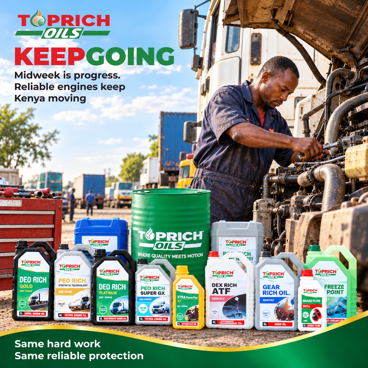 ToprichOilsKe's tweet photo. Midweek iko hapa, keep going! From the workshop to the road, Toprich Oils delivers reliable protection to keep your engines working and Kenya moving. Same hard work, same reliable protection.
#toprichoils #EngineProtection #KeepKenyaMoving #kenyatiktok #wednesdays https://t.co/KQ1J042OiY