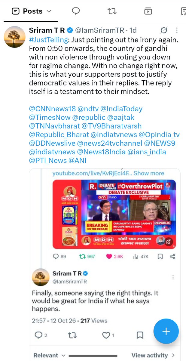 IamSriramTR's tweet photo. I see the #government calling out #Meta for #algorithm manipulation—they should do the exact same with @X. I’ve posted multiple times with irrefutable points that destroy his agenda using his own words, yet my posts get zero exposure.

@CNNnews18 @ndtv @IndiaToday @TimesNow @republic @aajtak @TNNavbharat @TV9Bharatvarsh @Republic_Bharat @indiatvnews @OpIndia_tv @DDNewslive @news24tvchannel @NEWS9 @indiatvnews @News18India @ians_india @PTI_News @ANI @HCP_2026 @Mrsinha @rishibagree @SachdevaAmita @AmitShah @AmitShahOffice @PMOIndia @AshwiniVaishnaw @Shehzad_Ind  @RShivshankar @rishibagree @ShivAroor