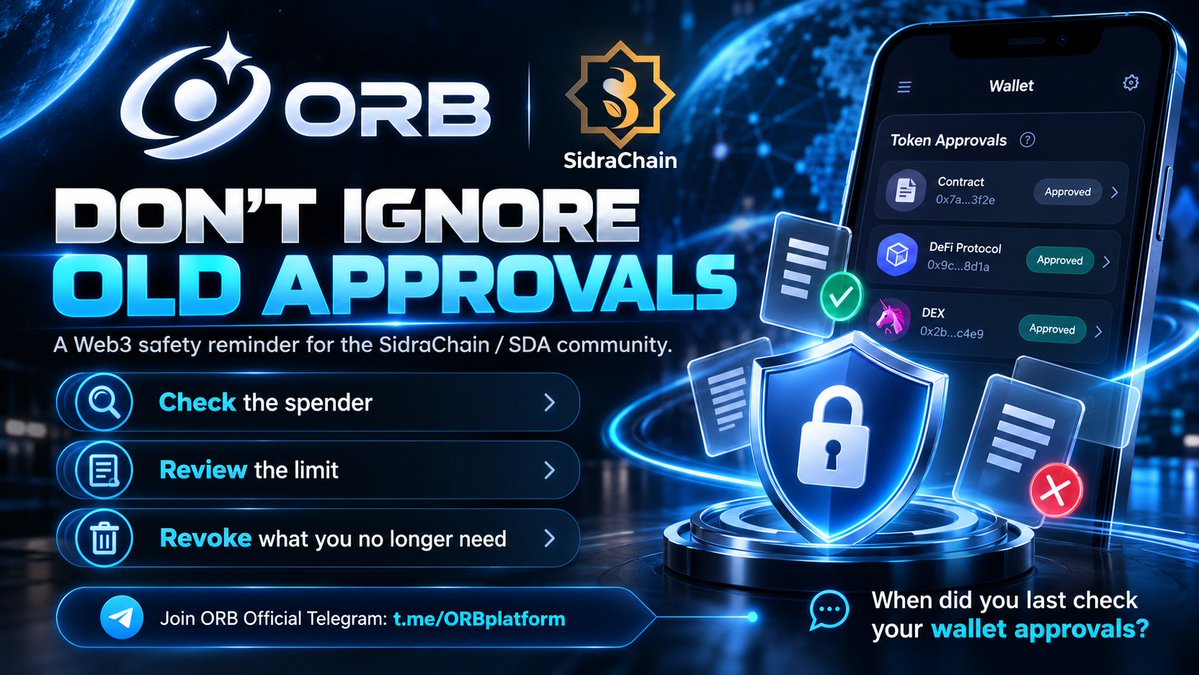 orb_Exchange's tweet photo. 🔐 Old token approvals may stay active. Check who can spend your tokens and revoke access you no longer need.
SDA community: checked yours?
https://t.co/EQDuvLk4up�
#ORB #BNBChain #Crypto #Blockchain #Web3 #SDA #CryptoCommunity #Ecosystem #LongTermVision #SidraChain #DeFi https://t.co/yuFqa4X2yt